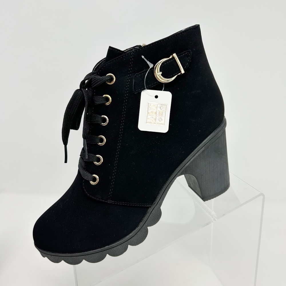 NWT Black Suede Leather Chunky Block Heel Lace Up Ankle Boots Buckle Size 41